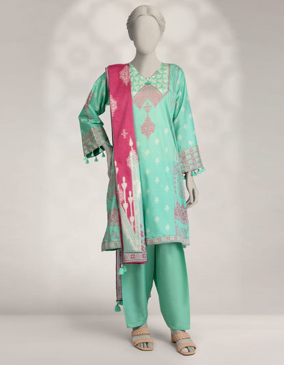 Elegant Green Cambric Printed 3-Piece Stitched Winter Suit for Women
