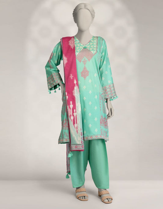 Elegant Green Cambric Printed 3-Piece Stitched Winter Suit for Women