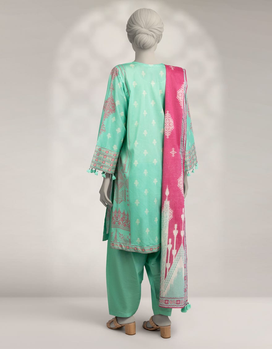 Elegant Green Cambric Printed 3-Piece Stitched Winter Suit for Women