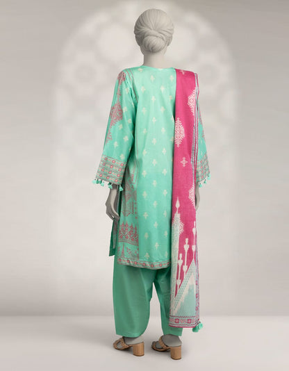 Elegant Green Cambric Printed 3-Piece Stitched Winter Suit for Women