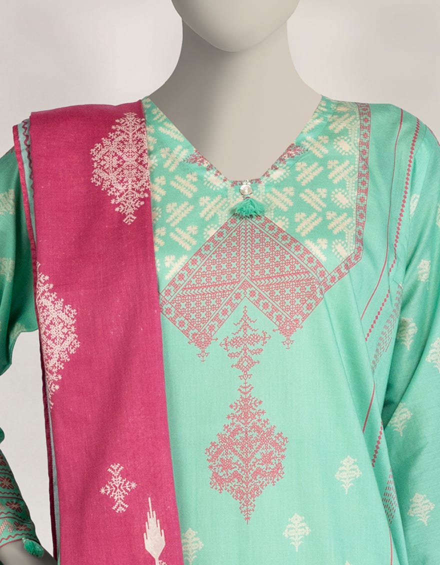 Elegant Green Cambric Printed 3-Piece Stitched Winter Suit for Women