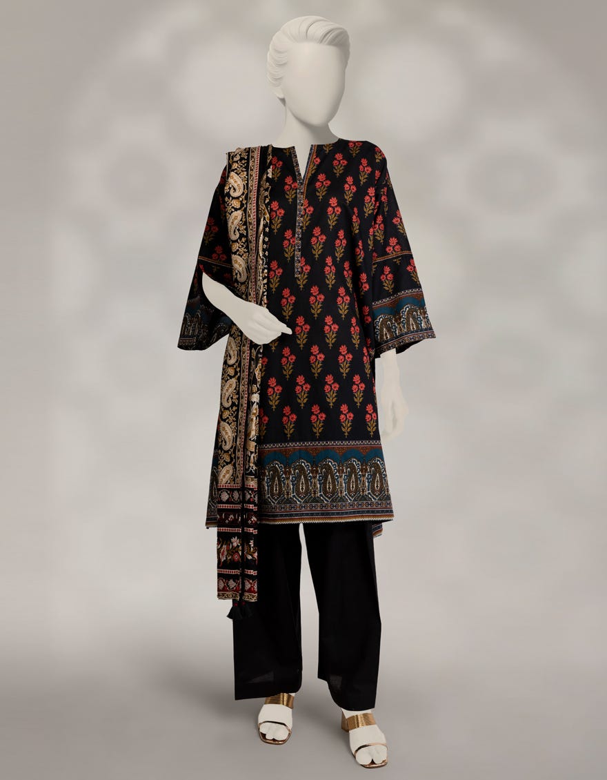 Elegant Black Cambric Printed 3-Piece Stitched Winter Suit for Women