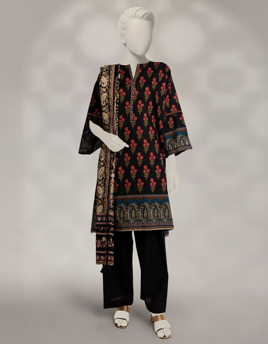 Elegant Black Cambric Printed 3-Piece Stitched Winter Suit for Women