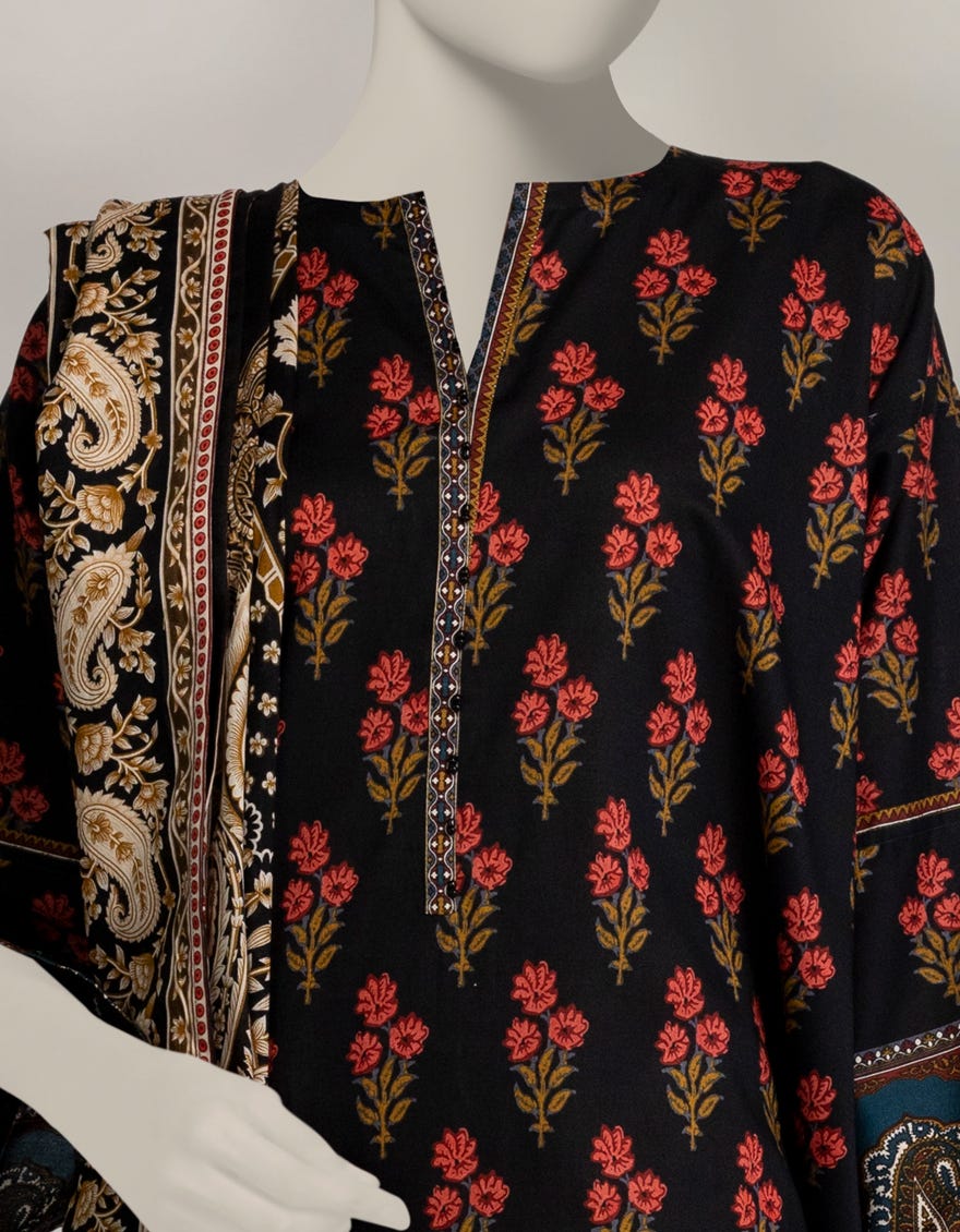 Elegant Black Cambric Printed 3-Piece Stitched Winter Suit for Women