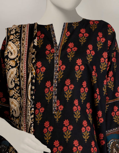 Elegant Black Cambric Printed 3-Piece Stitched Winter Suit for Women