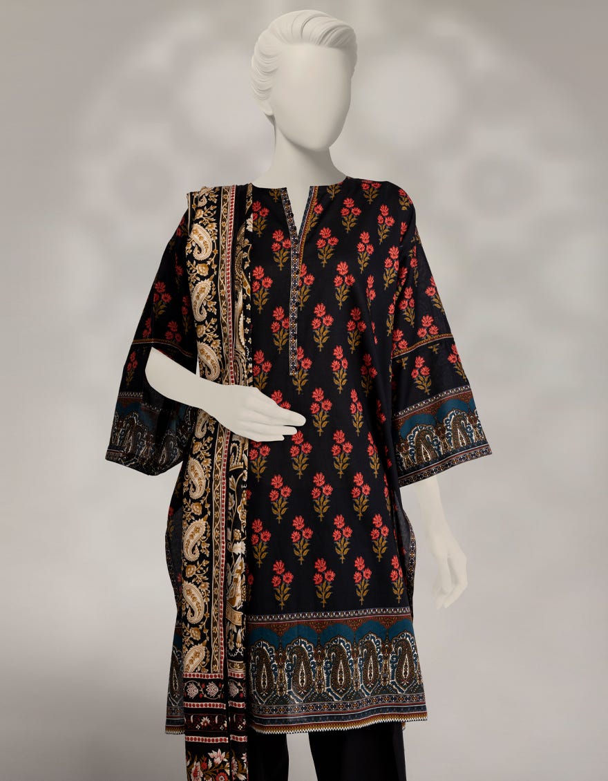 Elegant Black Cambric Printed 3-Piece Stitched Winter Suit for Women