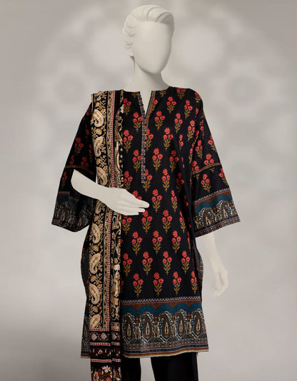 Elegant Black Cambric Printed 3-Piece Stitched Winter Suit for Women