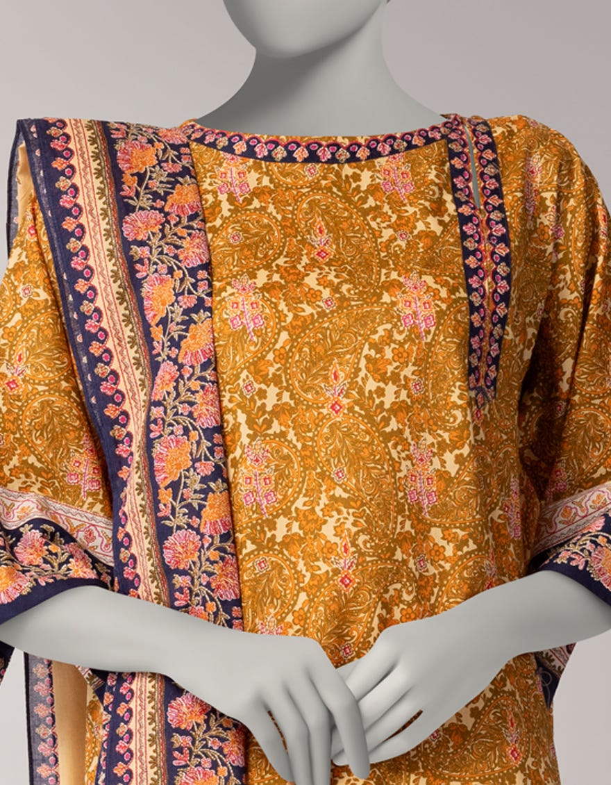 Elegant Peach Cambric Printed 3-Piece Stitched Suit for Winter Collection