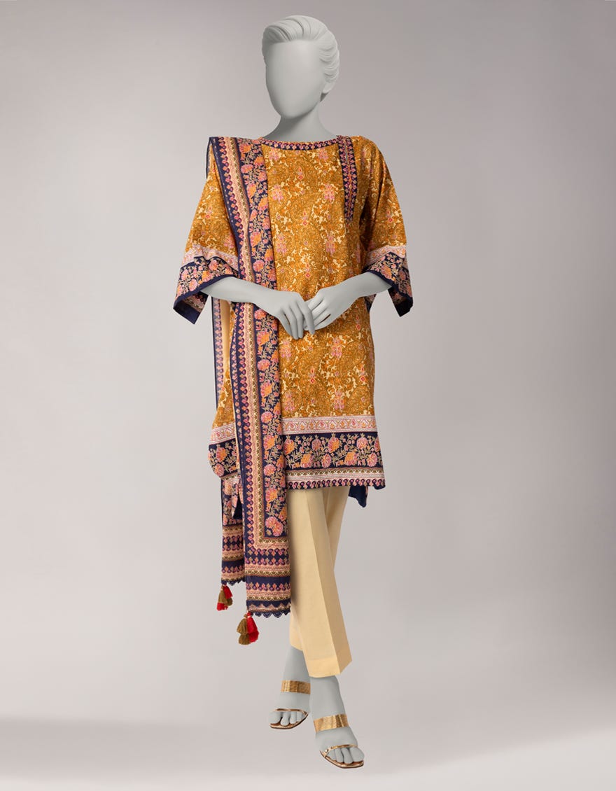 Elegant Peach Cambric Printed 3-Piece Stitched Suit for Winter Collection