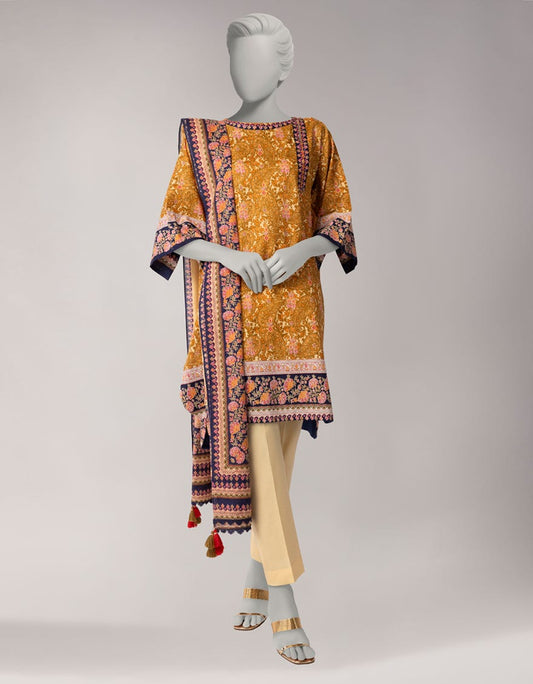 Elegant Peach Cambric Printed 3-Piece Stitched Suit for Winter Collection